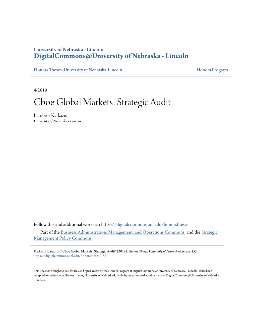 Cboe Global Markets: Strategic Audit Lambros Karkazis University of Nebraska - Lincoln