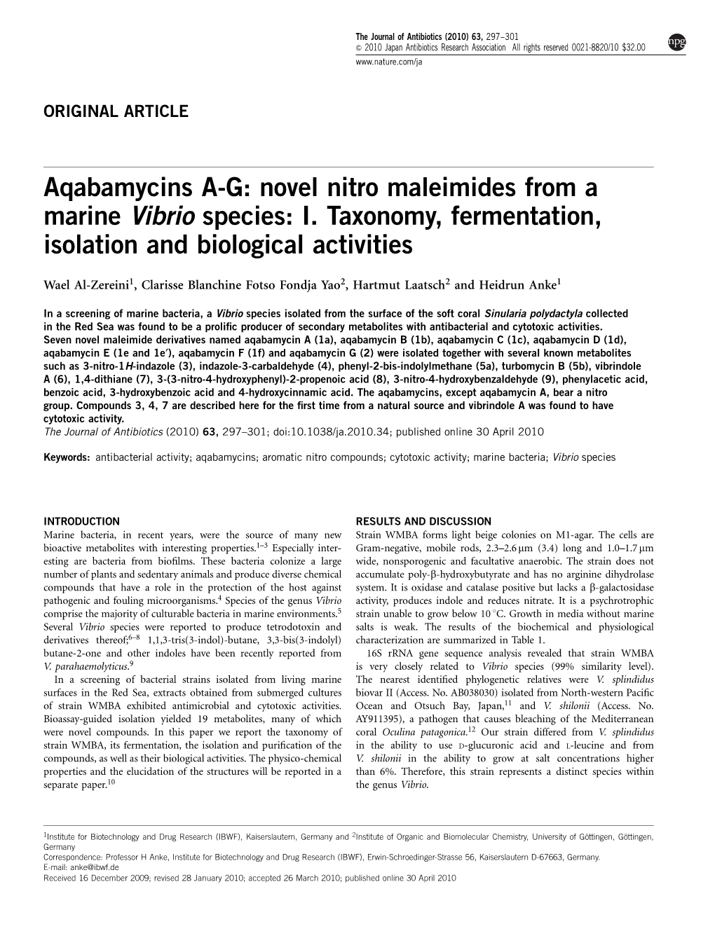 Aqabamycins AG: Novel Nitro Maleimides from a Marine Vibrio Species
