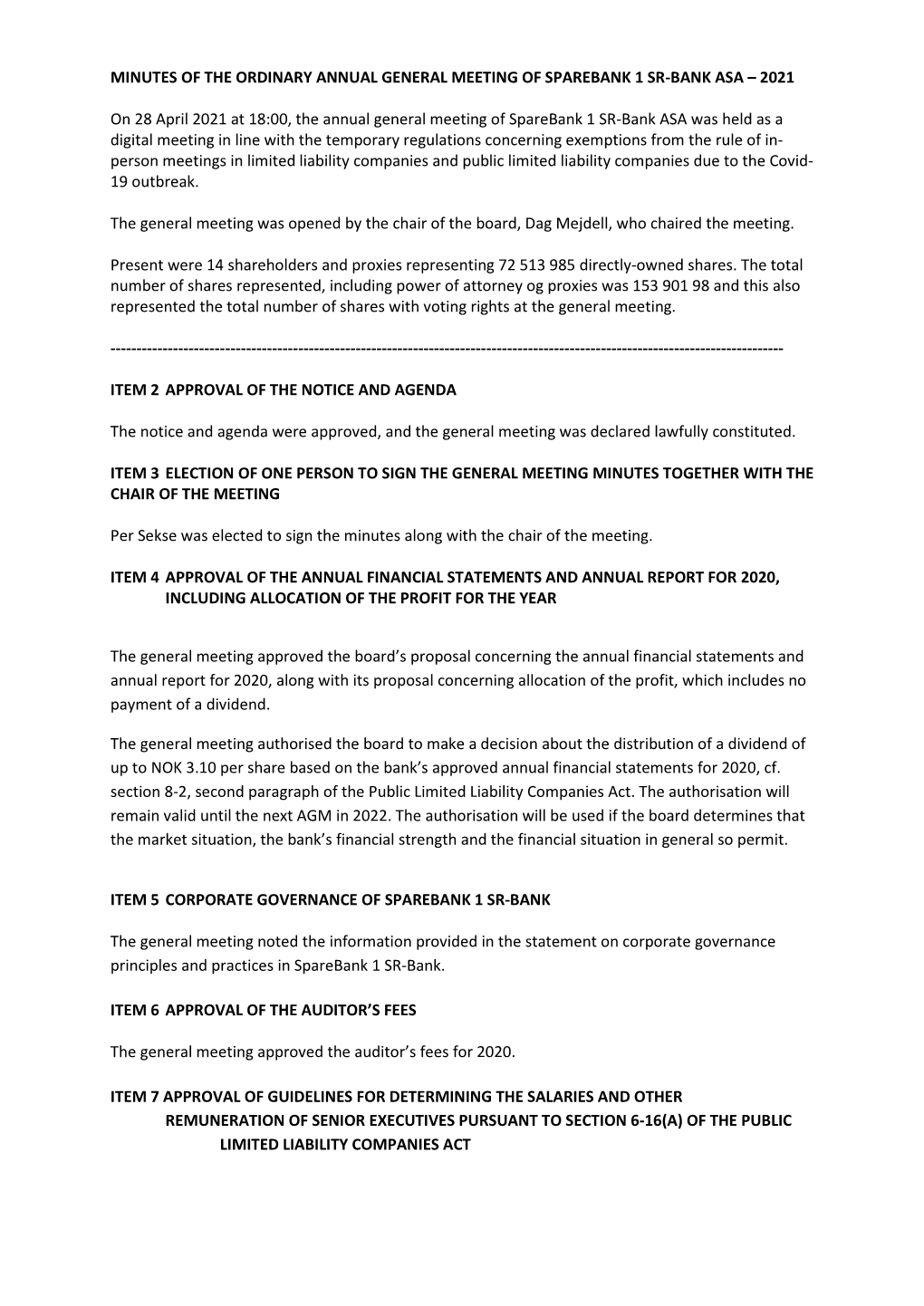 Minutes of the Ordinary Annual General Meeting of Sparebank 1 Sr-Bank Asa – 2021