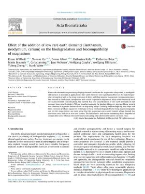Effect of the Addition of Low Rare Earth Elements (Lanthanum, Neodymium, Cerium) on the Biodegradation and Biocompatibility of Magnesium