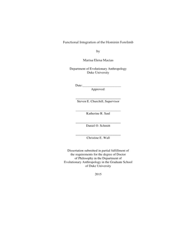 Functional Integration of the Hominin Forelimb by Marisa Elena Macias