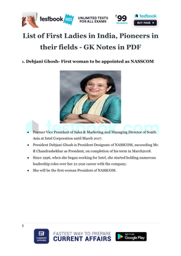 List of First Ladies in India, Pioneers in Their Fields - GK Notes in PDF