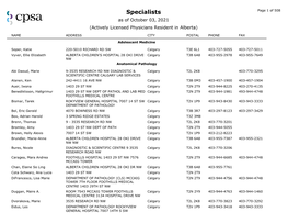 Specialists Page 1 of 508 As of October 03, 2021 (Actively Licensed Physicians Resident in Alberta)