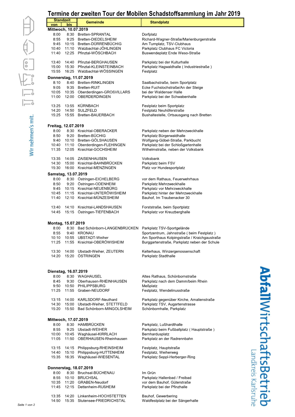 Termine Der Zweiten Tour Der Mobilen Schadstoffsammlung Im Jahr 2019