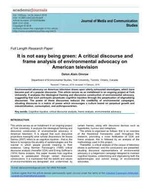 A Critical Discourse and Frame Analysis of Environmental Advocacy on American Television