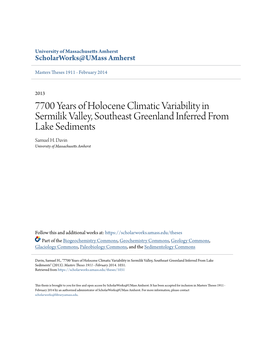 7700 Years of Holocene Climatic Variability in Sermilik Valley, Southeast Greenland Inferred from Lake Sediments Samuel H