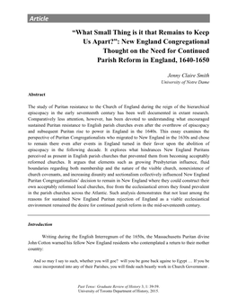 Article “What Small Thing Is It That Remains to Keep Us Apart?”: New England Congregational Thought on the Need for Continued Parish Reform in England, 1640-1650
