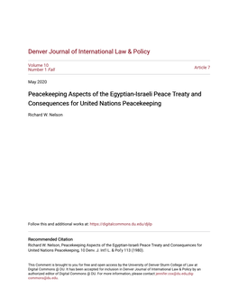 Peacekeeping Aspects of the Egyptian-Israeli Peace Treaty and Consequences for United Nations Peacekeeping