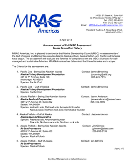 Announcement of Full MSC Assessment Alaska Groundfish Fishery