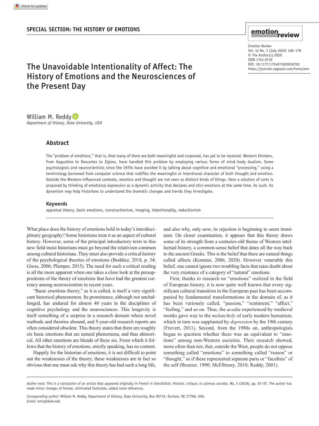 The Unavoidable Intentionality of Affect: the History of Emotions And