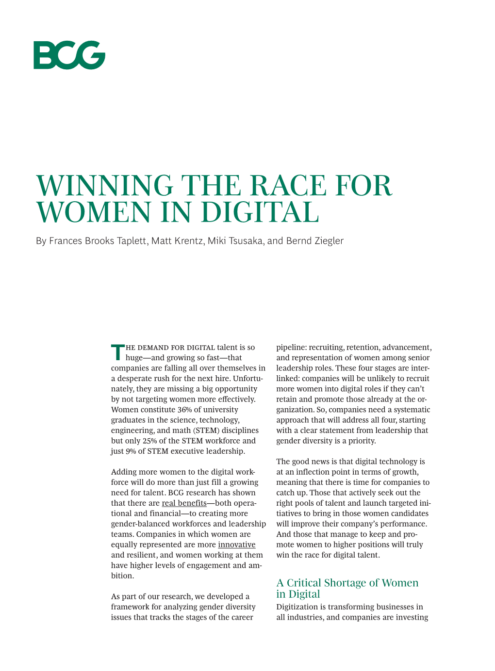 WINNING the RACE for WOMEN in DIGITAL by Frances Brooks Taplett, Matt Krentz, Miki Tsusaka, and Bernd Ziegler