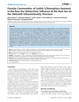Parasite Communities of Icefish (Chionodraco Hamatus) in the Ross Sea (Antarctica): Influence of the Host Sex on the Helminth Infracommunity Structure