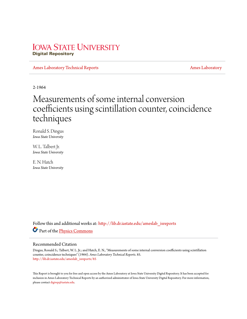 Measurements of Some Internal Conversion Coefficients Using Scintillation Counter, Coincidence Techniques Ronald S