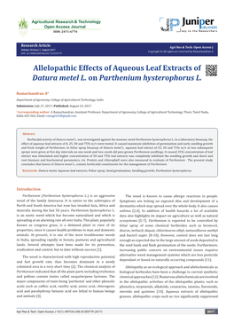 Allelopathic Effects of Aqueous Leaf Extracts of Datura Metel L. on Parthenium Hysterophorus L