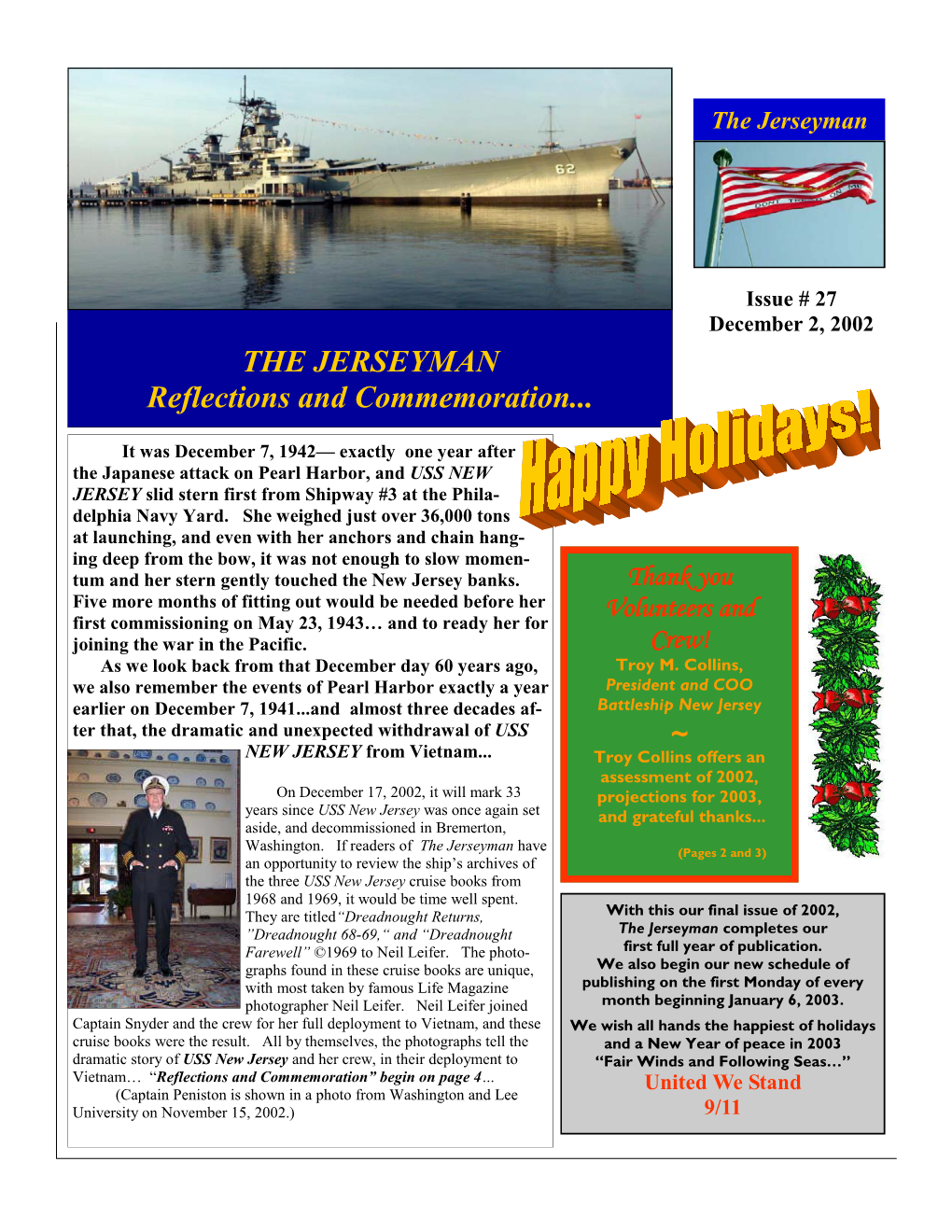 Issue # 27 December 2, 2002 the JERSEYMAN Reflections and Commemoration