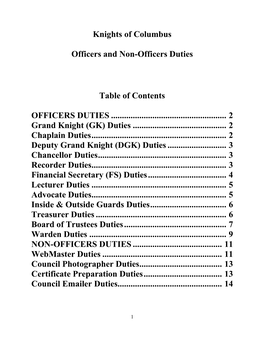 Knights of Columbus Officers and Non-Officers Duties Table