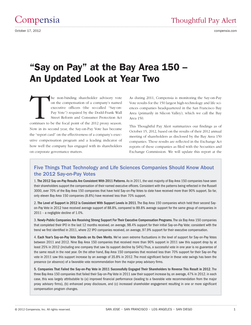 Compensia “Say on Pay” at the Bay Area 150 – an Updated Look At