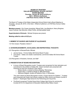 BOARD of TRUSTEES DALLAS INDEPENDENT SCHOOL DISTRICT BOARD MEETING Thursday, January 28, 2016 at 6:00 P.M