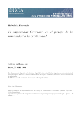 El Emperador Graciano En El Pasaje De La Romanidad a La Cristiandad