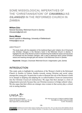 Some Missiological Imperatives of the “Christianisation” of Cinamwali As Cilangizo in the Reformed Church in Zambia