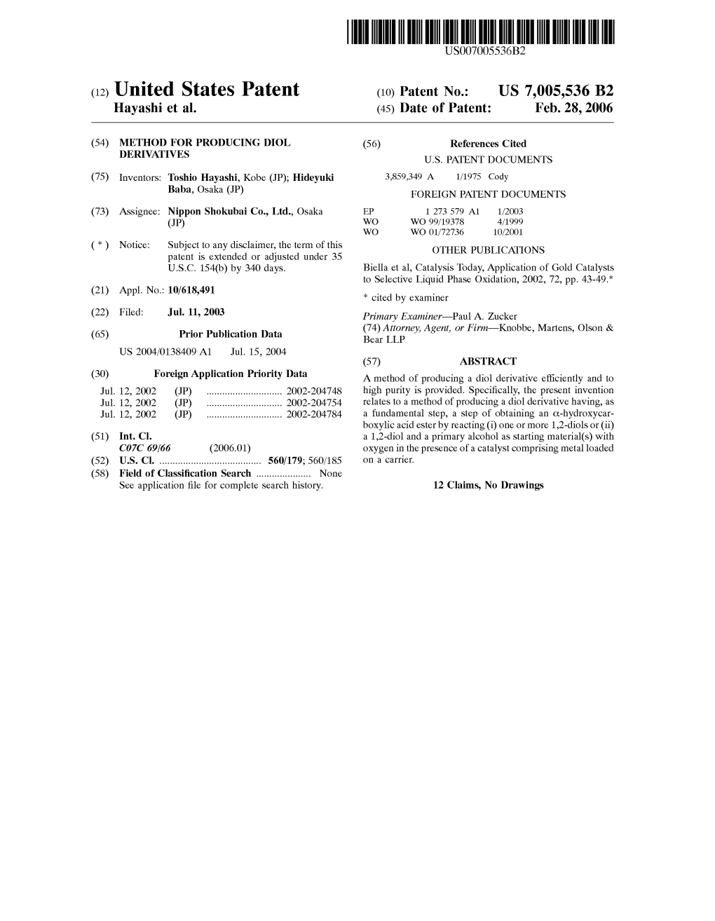 (12) United States Patent (10) Patent No.: US 7,005,536 B2 Hayashi Et Al