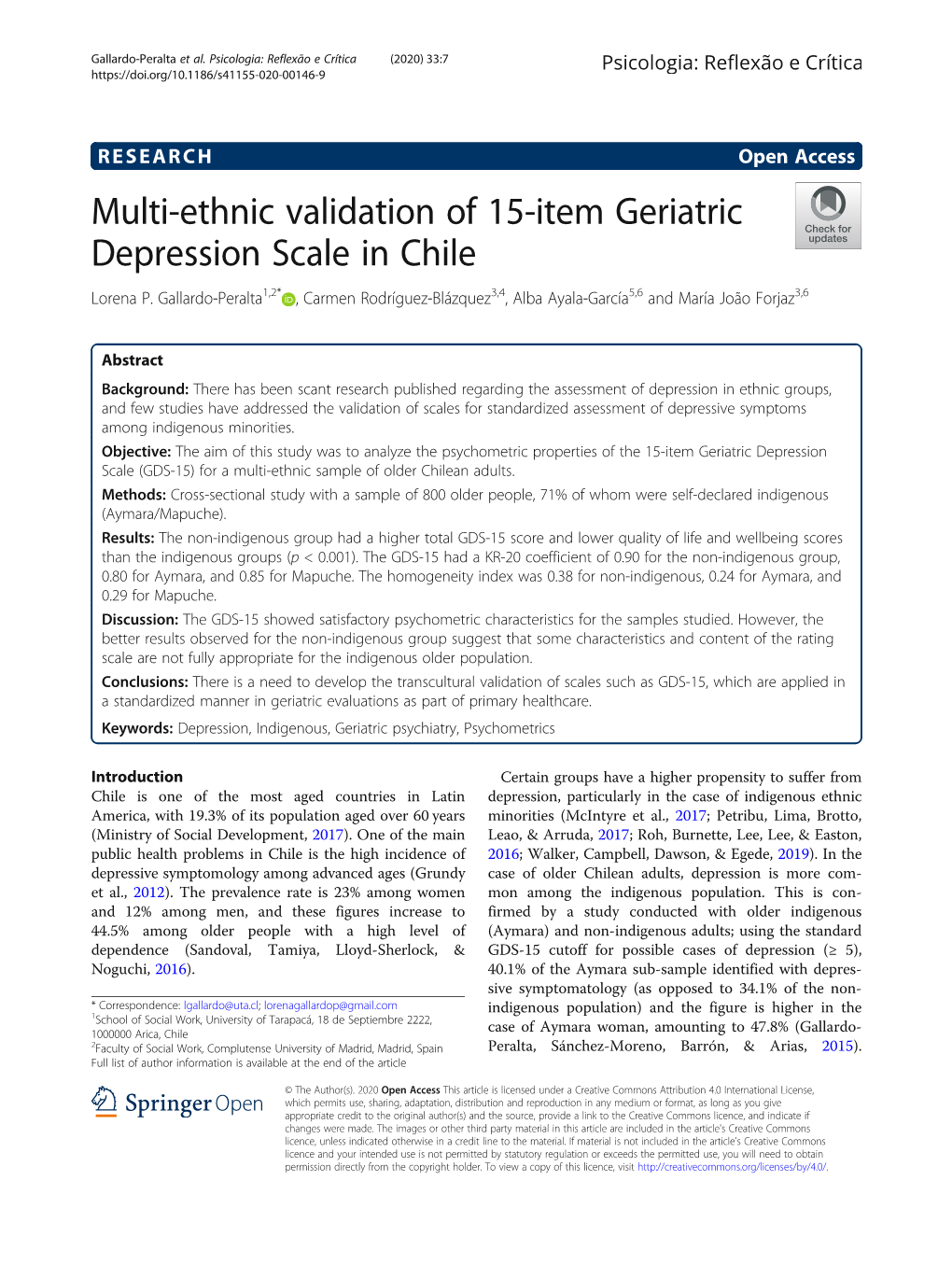 Multi-Ethnic Validation of 15-Item Geriatric Depression Scale in Chile Lorena P