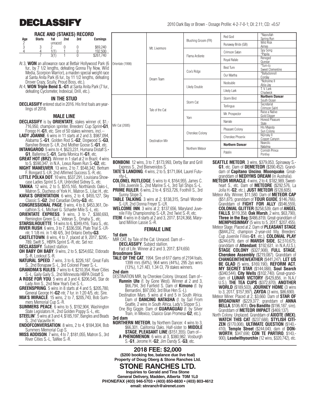 DECLASSIFY 2010 Dark Bay Or Brown - Dosage Profile: 4-2-7-0-1; DI: 2.11; CD: +0.57