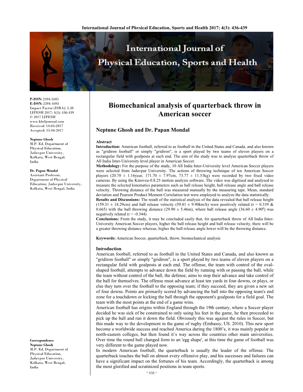 Biomechanical Analysis of Quarterback Throw in American Soccer