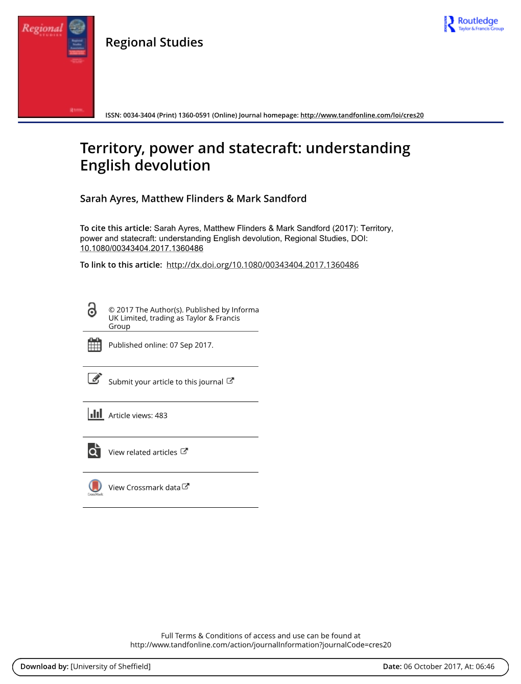 Territory, Power and Statecraft: Understanding English Devolution