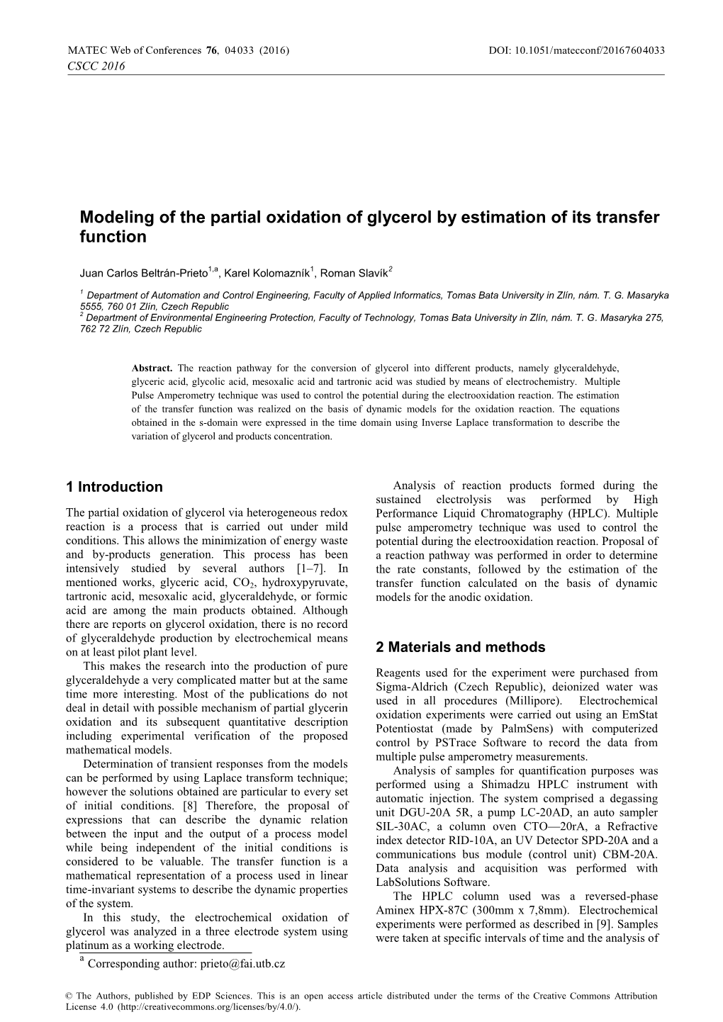 Modeling of the Partial Oxidation of Glycerol by Estimation of Its Transfer Function