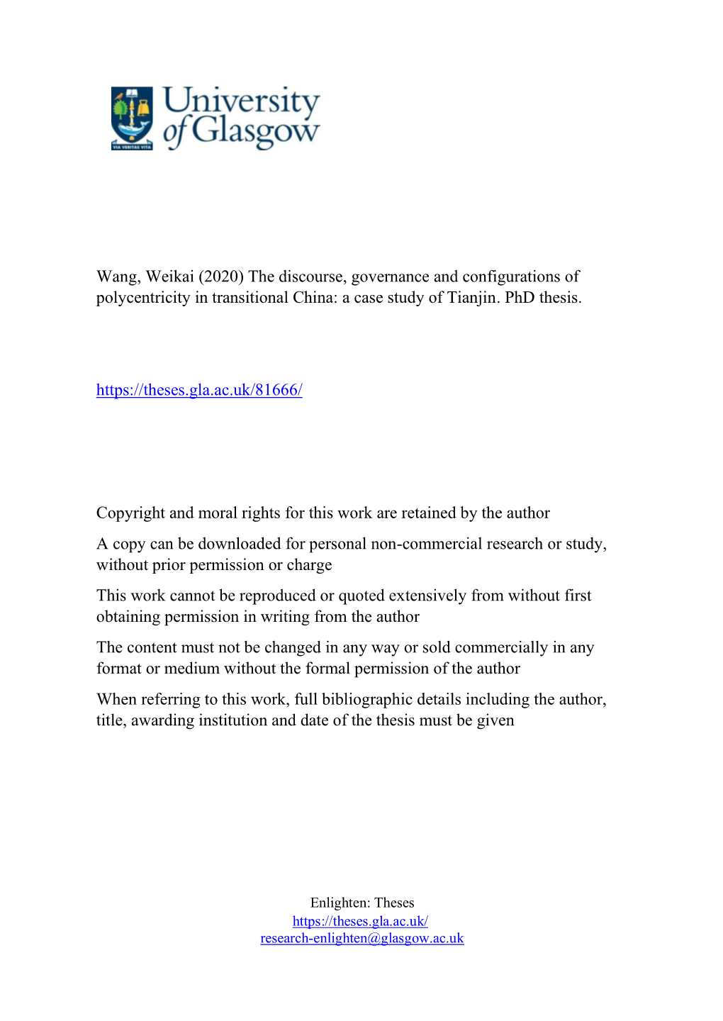 Wang, Weikai (2020) the Discourse, Governance and Configurations of Polycentricity in Transitional China: a Case Study of Tianjin