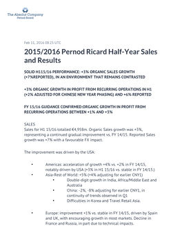 2015/2016 Pernod Ricard Half-Year Sales and Results