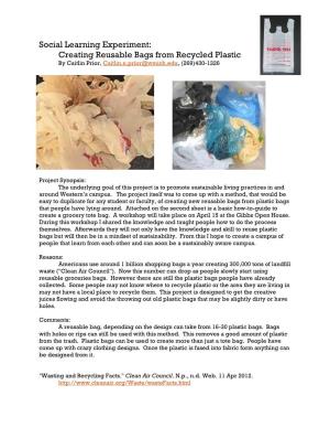 Social Learning Experiment: Creating Reusable Bags from Recycled Plastic by Caitlin Prior, Caitlin.N.Prior@Wmich.Edu, (269)430-1226
