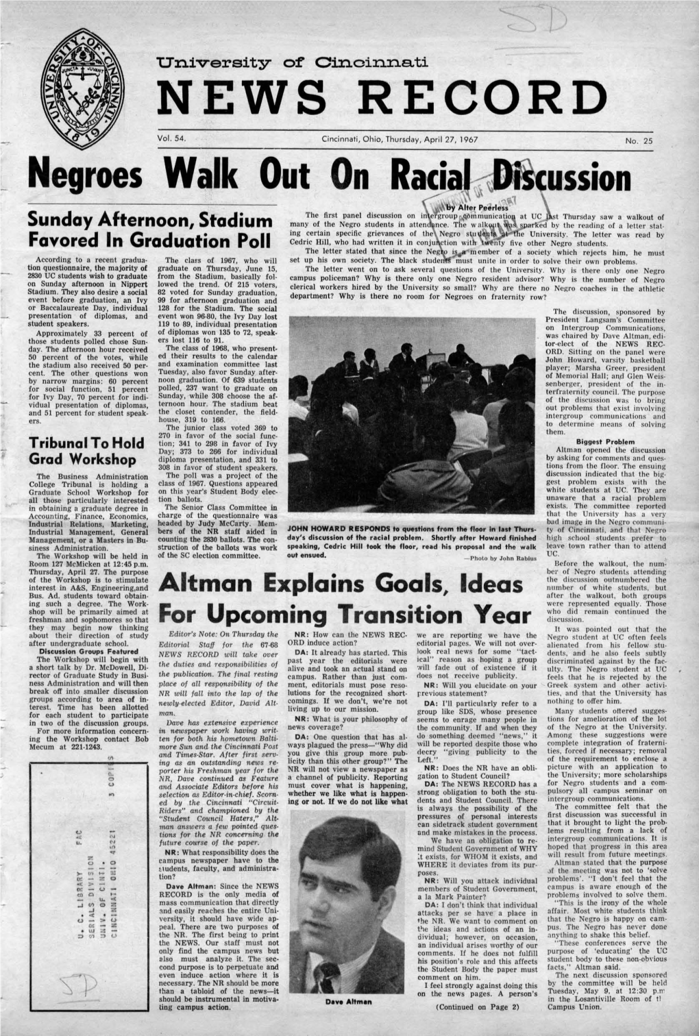 University of Cincinnati News Record. Thursday, April 27, 1967. Vol. LIIII