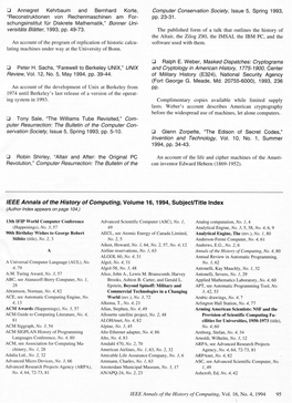 Ffe Annals of the History of Computing, Volume 16,1994, Subject/Title Index (Author Index Appears on Page 104.)