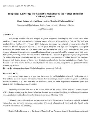 Indigenous Knowledge of Folk Herbal Medicines by the Women of District Chakwal, Pakistan