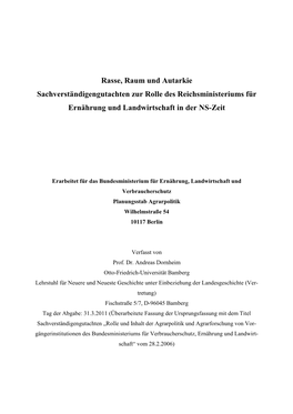 Sachverständigengutachten Zur Rolle Des Reichsministeriums Für Ernährung Und Landwirtschaft in Der NS-Zeit