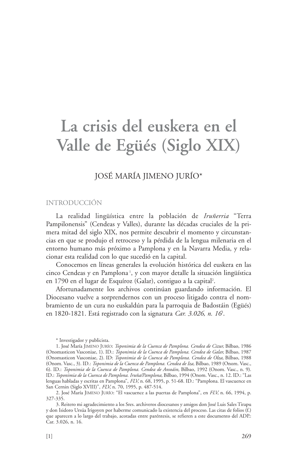 La Crisis Del Euskera En El Valle De Egüés (Siglo XIX)