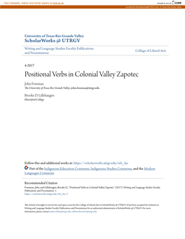 Positional Verbs in Colonial Valley Zapotec John Foreman the University of Texas Rio Grande Valley, John.Foreman@Utrgv.Edu