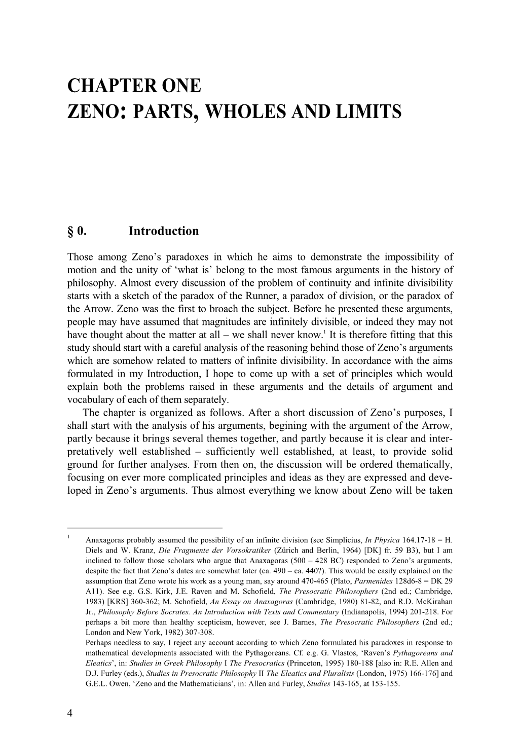 Chapter One Zeno: Parts, Wholes and Limits