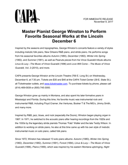 Master Pianist George Winston to Perform Favorite Seasonal Works at the Lincoln December 6
