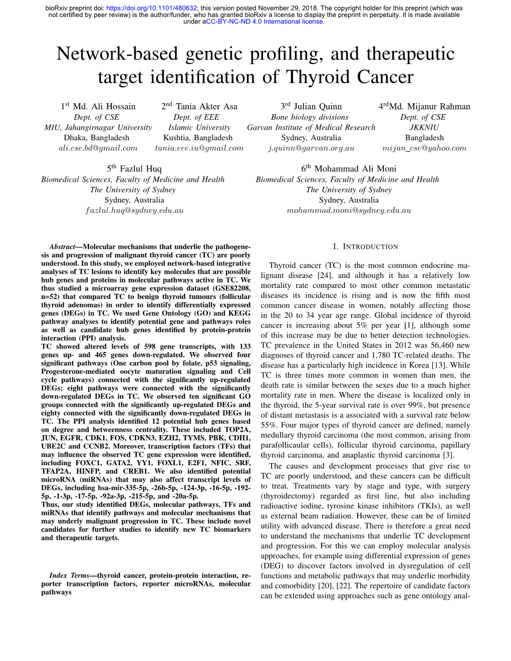 Network-Based Genetic Profiling, and Therapeutic Target Identification Of