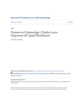 Pioneers in Criminology: Charles Lucas-- Opponent of Capital Punishment Andre Normandeau
