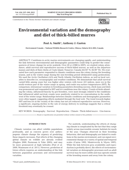 Environmental Variation and the Demography and Diet of Thick-Billed Murres
