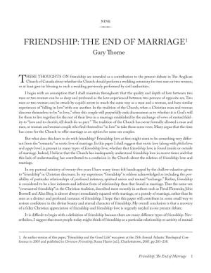 Friendship: the End of Marriage1 Gary Thorne
