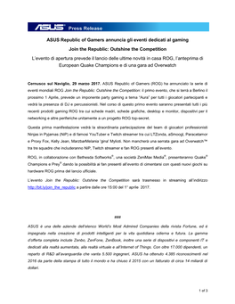 ASUS Republic of Gamers Annuncia Gli Eventi Dedicati Al Gaming