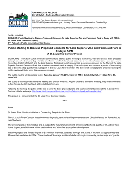 Public Meeting to Discuss Proposed Concepts for Lake Superior Zoo and Fairmount Park Is Today at 5 PM (A St