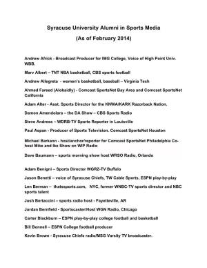 Syracuse University Alumni in Sports Media (As of February 2014)