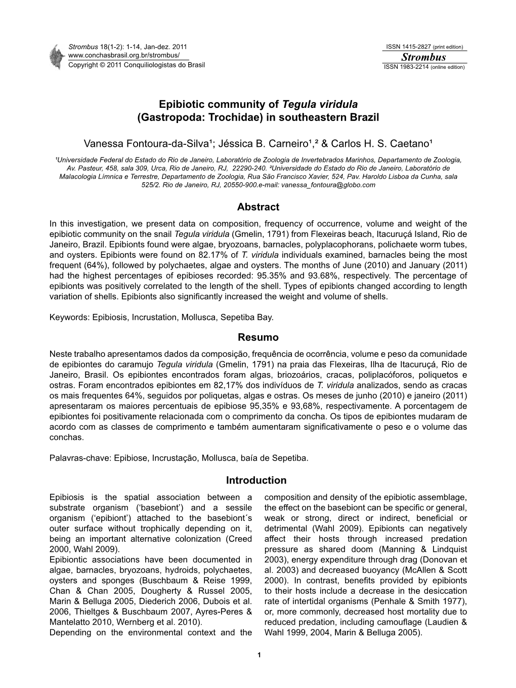 Epibiotic Community of Tegula Viridula (Gastropoda: Trochidae) in Southeastern Brazil