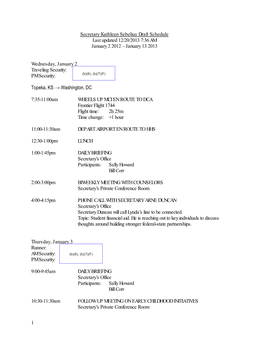 1 Secretary Kathleen Sebelius Draft Schedule Last Updated 1/11/2013 5:53 PM January 12 – 27, 2013